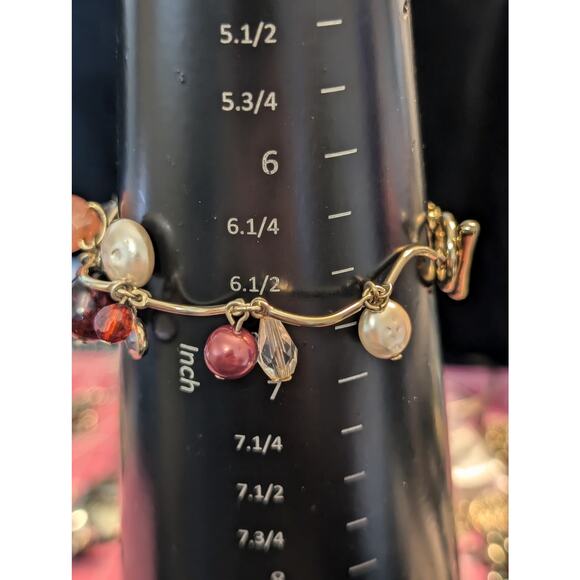 Gold Tone Colored Pearl Crystal Glass Amber Bead Scalloped Bar Toggle Bracelet - Picture 8 of 8